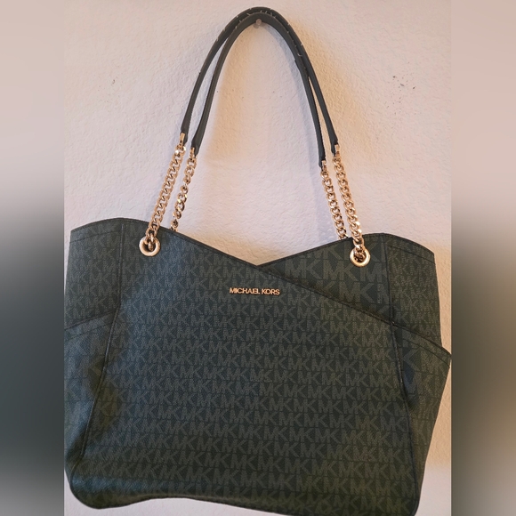 Michael Kors Dark Green Logo Chain-Handle Tote Jet Set Travel Large Signature - Picture 9 of 11